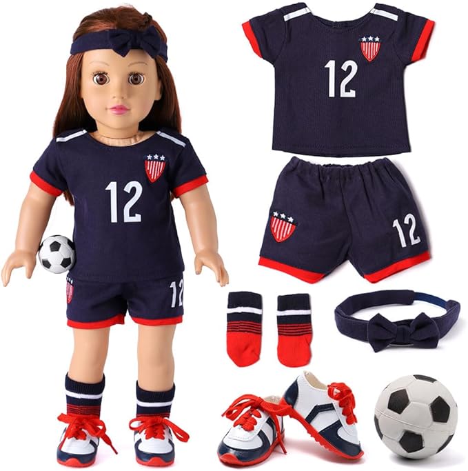 18-inch Girl Doll Clothes Accessories - Team USA 6 Piece Soccer Uniform Clothing Includes Headband,Shirt,Shorts, Socks,Shoes and Football Fits 18" Dolls