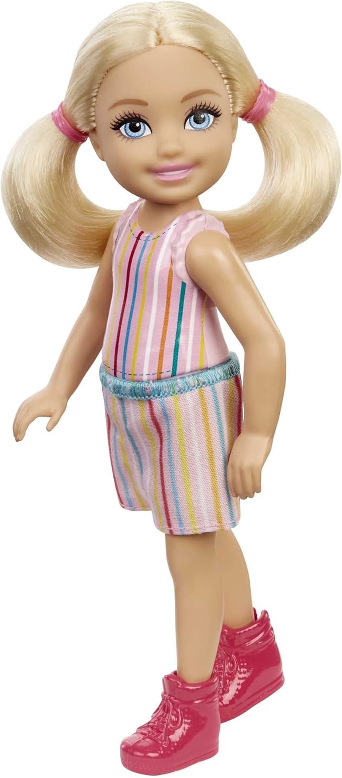 Barbie Chelsea Doll, Small Doll with Blonde Pigtails & Blue Eyes in Removable Striped Dress & Pink Boots