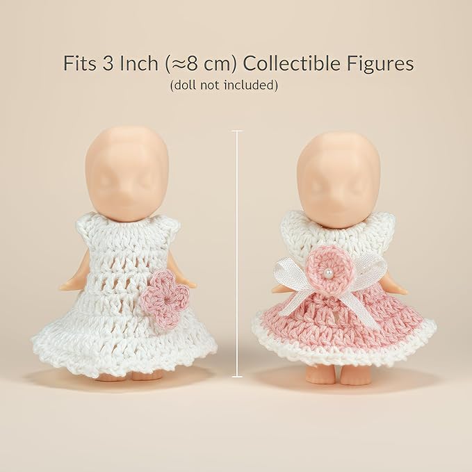 Mini Doll Clothes Skirt Set – 2 Crochet Dresses for 3 Inch Collectible Figures, Pink & White Cotton Outfits | Birthday Gift Set | Cute Clothing Accessories for Mini Dolls