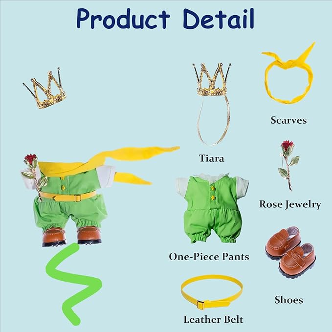 6PCS Princeling Doll Clothes Set for Dolls – Green Suit with Crown, Yellow Scarf, Belt, Shoes & Rose Accessory – Fantasy Costume Outfit – Doll Not Included