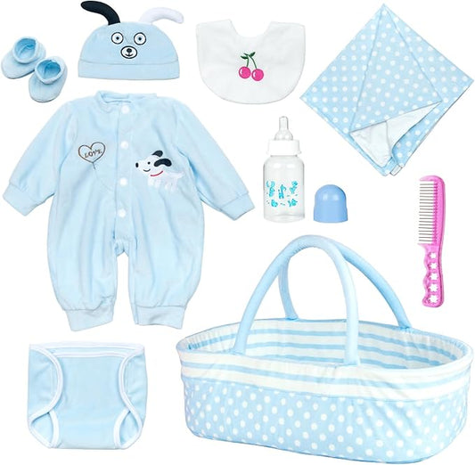 PEDOLLTREE Reborn Baby Dolls Clothes Boy Outfit Accessories Blue Puppy 9 Pcs Set for 17-20 Inch Reborn Doll Newborn Boy with Blue Dot Bassinet