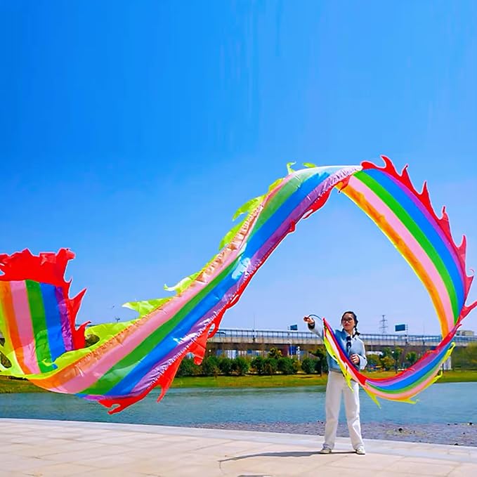 Square Exercise Dance Outdoor Flinging Fitness Dragon POI Wu Long 3D Real-Like Dragon Ribbon Streamer Set (19.6ft, Rainbow Dragon)