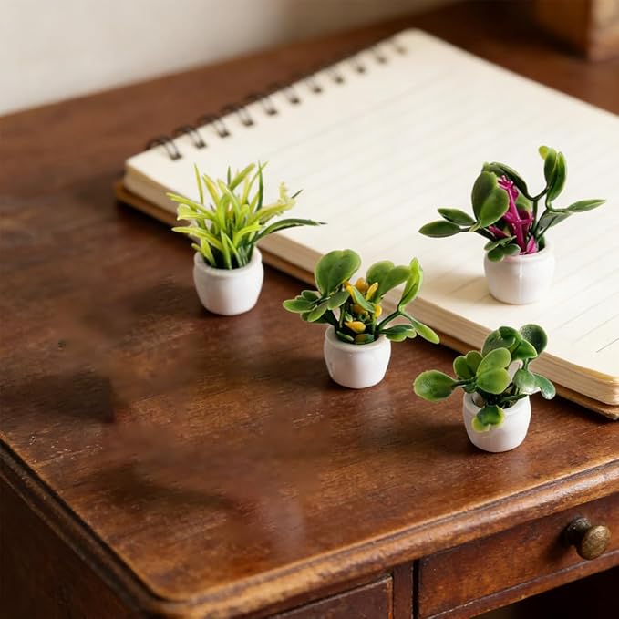 8Pcs 1/12 Scale Dollhouse Miniature Plants, Artificial Potted Greenery Tiny Flower Pots for DIY Crafts & Fairy Garden Micro Landscape Decoration (MiniPlantPot)