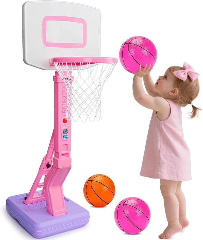 Qirptey Toddler Girl Basketball Hoop Indoor Pink Adjustable Mini Basketball Goal with Ball Pump for Outdoor Poolside Toys Backyard Game Outside Basketball Toy for Kids Age 3-5 6 7 4-8 Birthday Gift