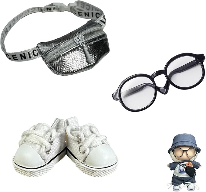 3pcs Lububu Doll Accessories Set Included Mini Glasses, Shoulder Bag and Canvas Shoes, Dress Up Accessories Replacement for 17cm Doll (Shoulder Bag - Sliver)
