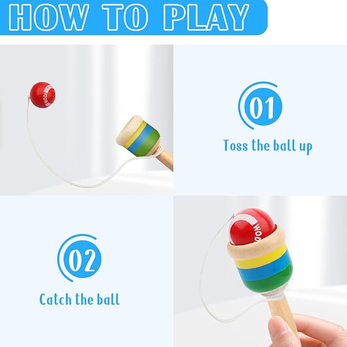 6 Packs Wooden Catch Ball, Retro Paddle Ball with String Toys for Kids & Adults, Hand Eye Coordination Cup and Ball Game for Outdoor Beach Lawn Party Favors, Family Fun & Education Supplies