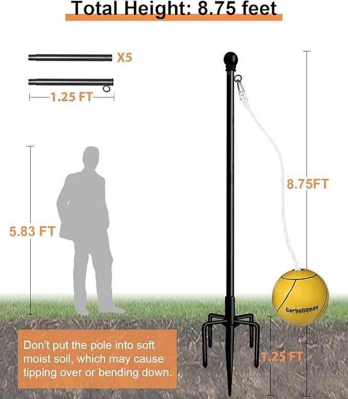 Garbuildman Tetherball Set with Ball & Rope for Outdoor Backyard, Adjustable Tether Ball Pole with Reinforced 5-Prong Base for Playground, Outside Ball Games Sports for Kids & Adults, Black