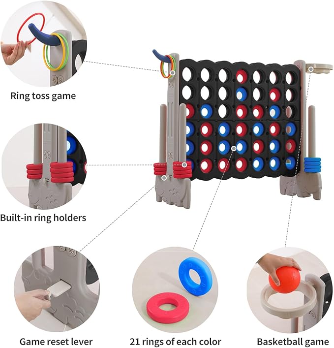 UNICOO Giant 4-in-a-Row Game with Carry Bag, 3-in-1 Jumbo 4-to-Score Outdoor Yard Game with Basketball Hoop, Ring Toss, Quick-Release Slider, 42 Rings, Family Party Game for Kids & Adults