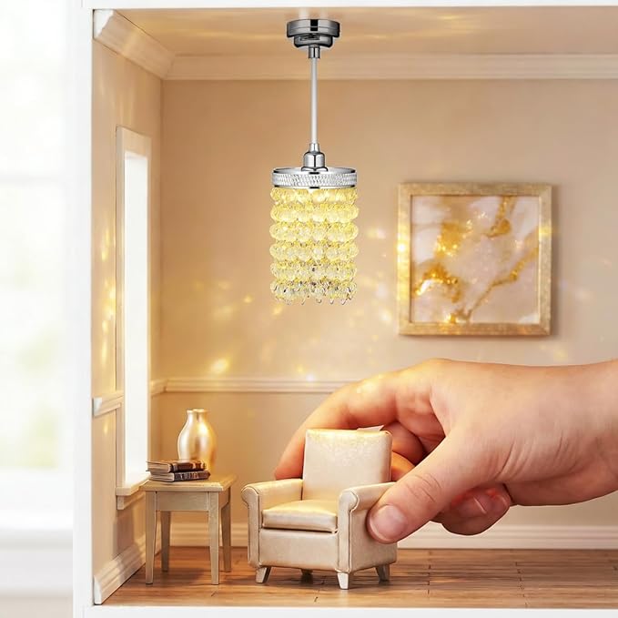 TOYANDONA Dollhouse Chandelier - 1/12 Scale Hanging Beaded Chandelier Doll House Ceiling Lights Lamp Miniature Dollhouse Lights Led Battery Operated for Doll House Decoration Accessories