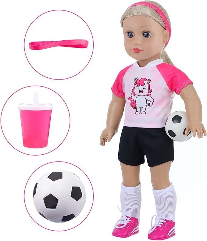 18 Inch Doll Accessories Football Sport Set - 7PCS Includes Headband, Tops, Shorts, Shoes, Mini Soccer Ball, Socks & Water Bottle for American Doll Pretend Play, Gifts