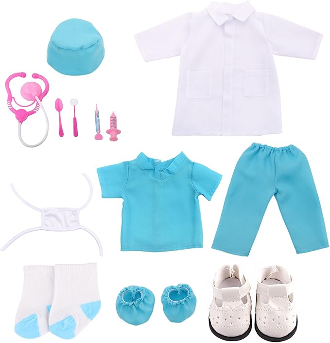 MSYO 18 Inch Doll Doctor Playset-Pretend Play Medical Kit with White Coat,Scrubs & Surgical Tools,Stem Roleplay Costume for Kids Ages 3-12,Fits Most 18-Inch Girl & Boy Dolls(Blue)