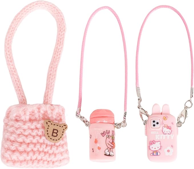 3pcs Doll Accessories Set Included Pink Knitted Bag, Camera Charm & Water Charm for Doll, Dress Up Accessories for 17cm Doll, Mini Costume Supplies