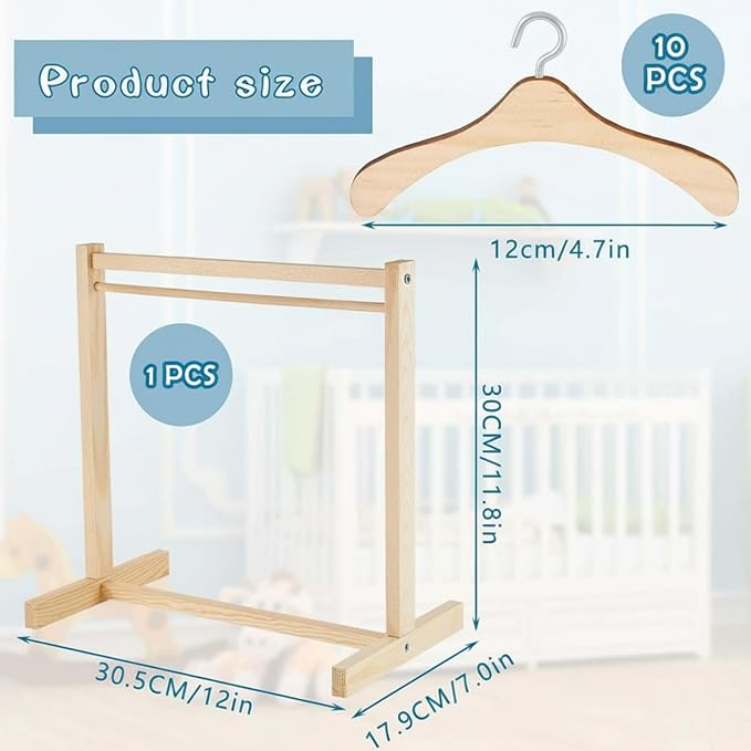 Civaner 22 Pcs Doll Garment Rack with Wooden Clothes Hanger for 18 Inch Girl Doll Clothes Mini Hangers Wardrobe Furniture Accessories for Dollhouse Baby Shower Supplies (Wood)