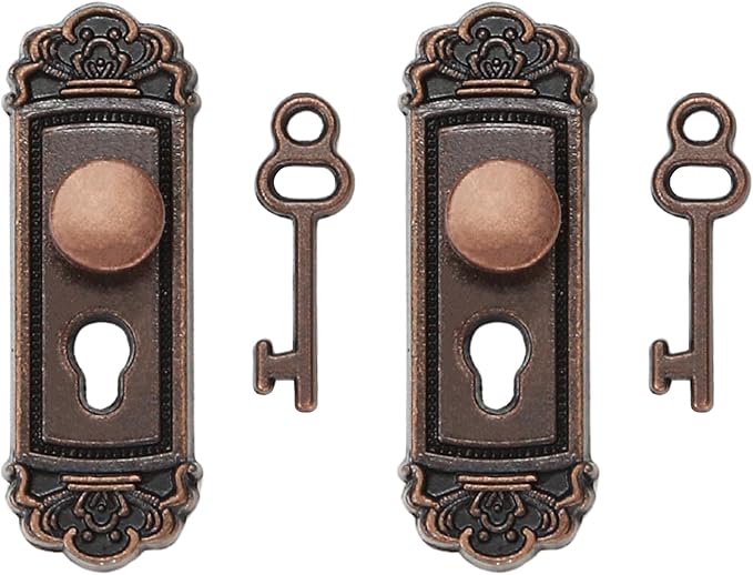 2PCS 1/12 Scale Miniature Door Knob Fittings with Handle Key Set for Dolls House
