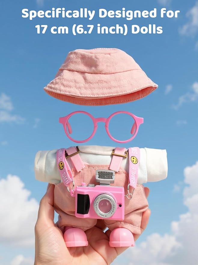 Clothes for LABUBU 17cm Doll (NO Doll) – 6-Piece Set, Hat + Overalls + Shirt + Camera + Glasses + Shoes, Outfit for LABUBU, Premium Dolls Accessories for LABUBU (Light Pink)