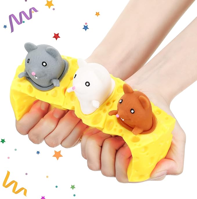 Chivao 6 Pack Cheese Toy Stress Rat Toy Mice in Cheese Sensory Anxiety Relief Office Ball Fidget for Birthday Stress Relief Gifts Party Favors, Grey Brown White