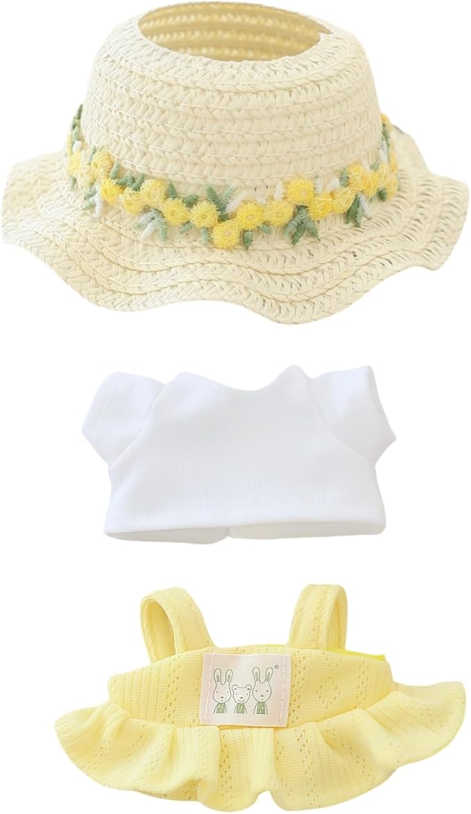 Clothes for Lu bubu 17cm Dolls Accessories (No Doll), Kawaii Hat Skirt Outfit Set 3 Pieces for 17cm Dolls Suit, Stylish Flower Doll Hat Clothing Set Replacement Yellow