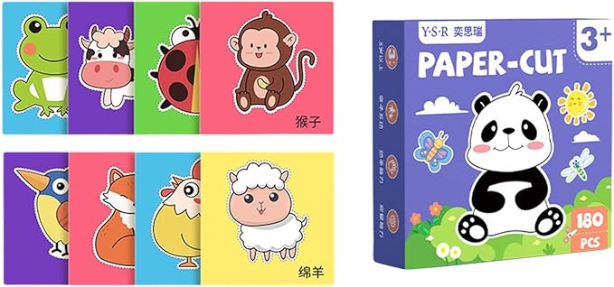 180 Pieces Paper Cutting Activity Set Craft Making Scissors Kit Art Painting DIY Project Material Paper Suitable for Children Boys, Animal Theme