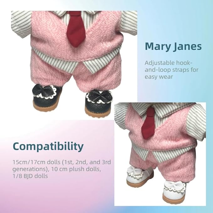 Premium Doll Shoes for Lububu, 15cm 17cm Dolls Accessories, Mini Leather Shoes Fashion Dress Up Doll Shoes Replacement (2, Mary Jane - Black & White)