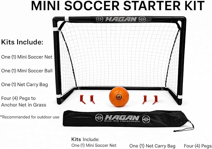 Hagan Hockey Mini Soccer Set – Complete Portable Field Game for Kids Boys Youth Adults, Includes 1 Durable Net, 1 Mini Soccer Ball, Carry Bag, and 4 Ground Pegs for Secure Outdoor Play