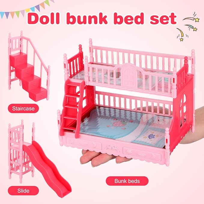 NOLITOY Miniature Bunk Bed with Slide for 6 Inch Dolls - Pink Double Deck Plastic Dollhouse Furniture Playset with Ladder & Bedding Accessories - Fits Small Dolls Figures