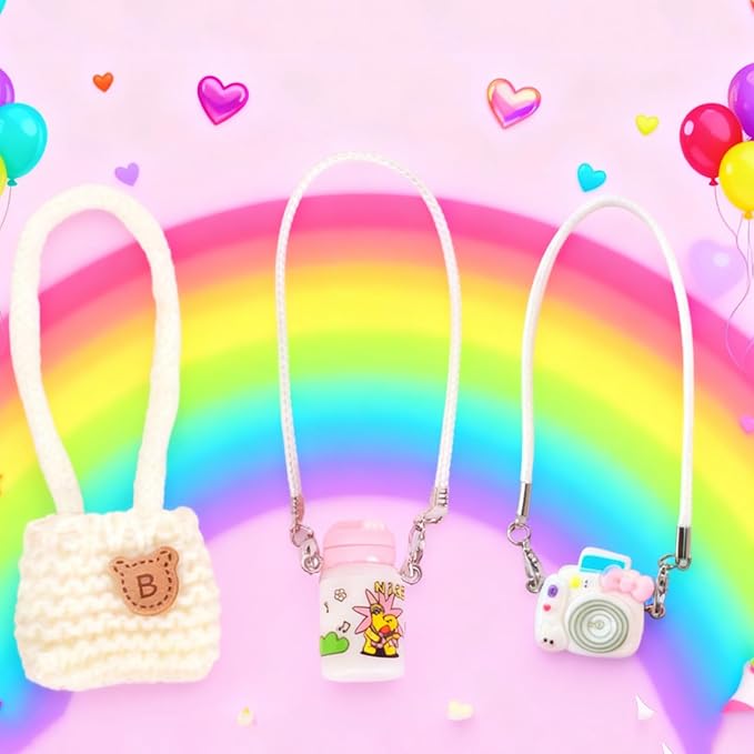 3pcs Doll Accessories Set Included White Knitted Bag, Purple Camera Charm & White Water Charm Dress Up Accessories for 17cm Doll, Mini Costume Supplies