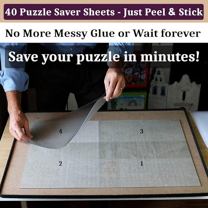 Save 10 x 1000 Piece Puzzles - 40 Clear Puzzle Glue Sheets Extra Large Thick No Mess Jigsaw Puzzle Saver Tape Peel and Stick Adhesive Backing