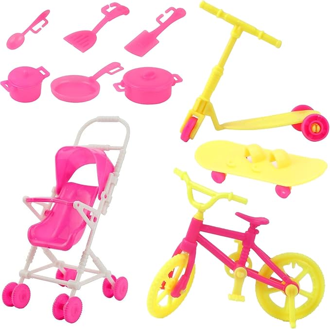JANYUN Dresses Accessories, 6 Styles Christmas Doll Clothes with 6 Pcs Xmas Hats Party Gown Outfits Set for Doll and 98pcs Girl Dolls Shoes Necklace Bags Hanger Tableware Mirror