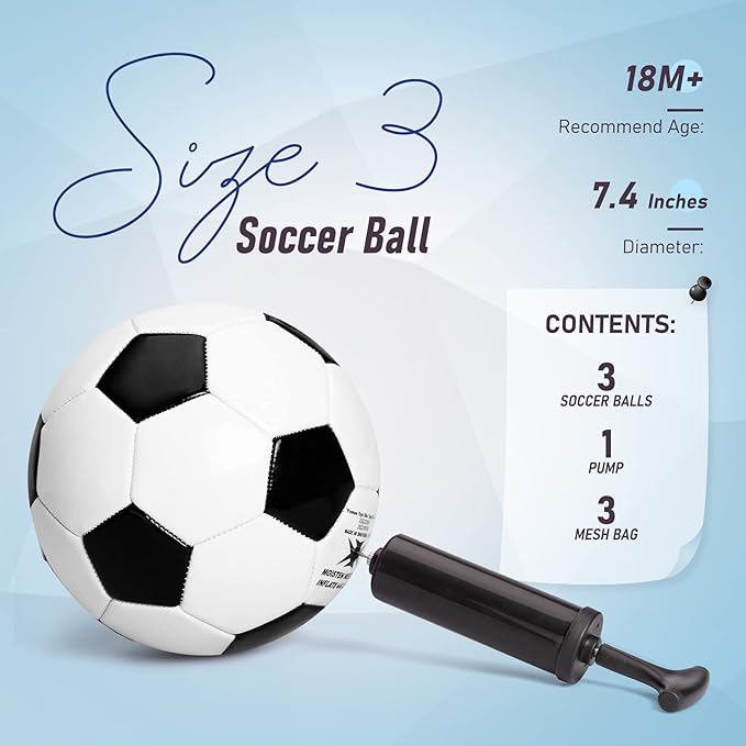 ZOOJOY 3 Pack Soccer Ball Size 3 for Kids, Outside Sport Soccer Ball Set for Boys Girls, Classic Design with Pump, Play Ball Toys & Gifts for Toddlers 2 3 4 5 6 7 8