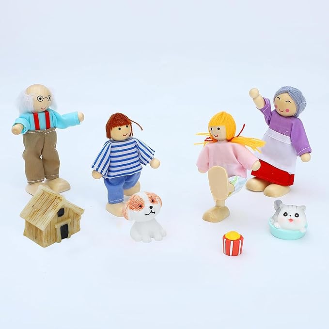 ONEST 18 Pieces Wooden Dollhouse Family Set Mini People Figures Dog Cat Sets Dollhouses Dolls Wooden Doll Family Pretend Play Figures Accessories for Pretend Dollhouse Toy