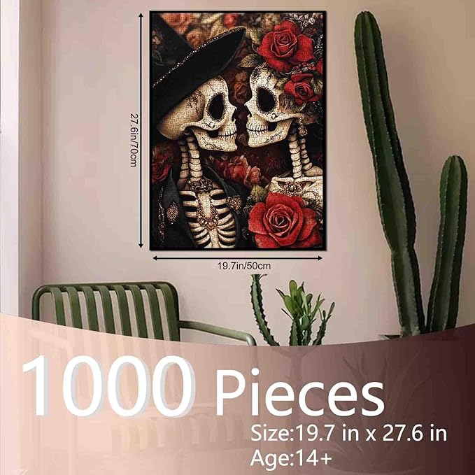 Halloween Skeleton Couple Jigsaw Puzzle 1000 Pieces for Adults Day of The Dead Art Puzzles for Challenging Family Activity Games Intellectual Decompressing Fun Family Game for Home Decor Gifts