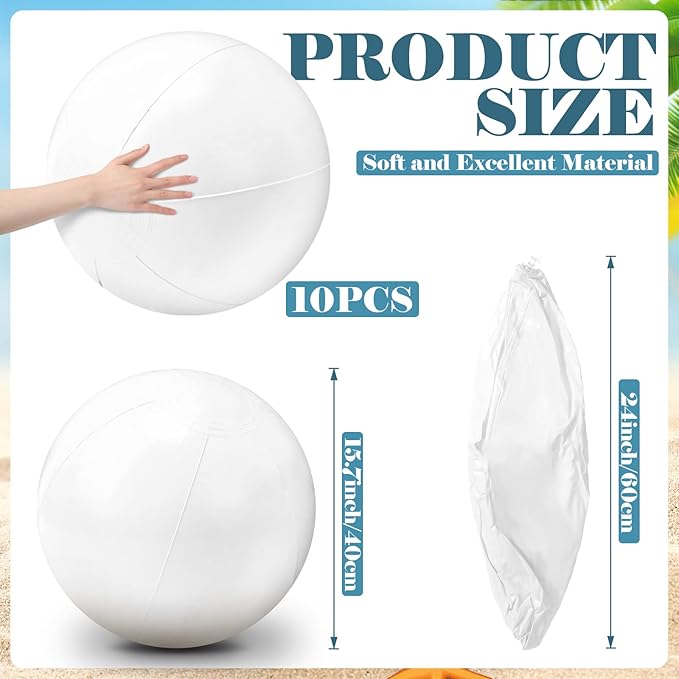 Junkin10 Pieces Solid White Beach Balls Bulk Big Inflatable Beach Ball Giant Swimming Pool Balls Beach Game Toy for Summer Beach, Pool and Party Favor (24 Inch)