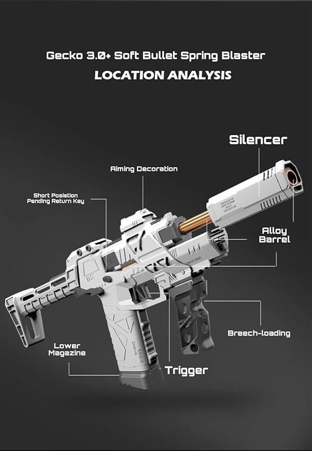 Gecko 3.0+ Spring Soft Bullet Toy Blaster, Long Range Up to 82 Feet, Indoor/Outdoor Sport Toy, Ages 15 & Up (White)