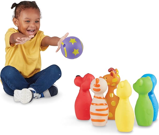 Melissa & Doug K's Kids Bowling Friends Play Set and Game with 6 Pins and Convenient Carrying Case Indoor Outdoor Bowling Set, Soft Plastic Animal Pins, for Ages 2+