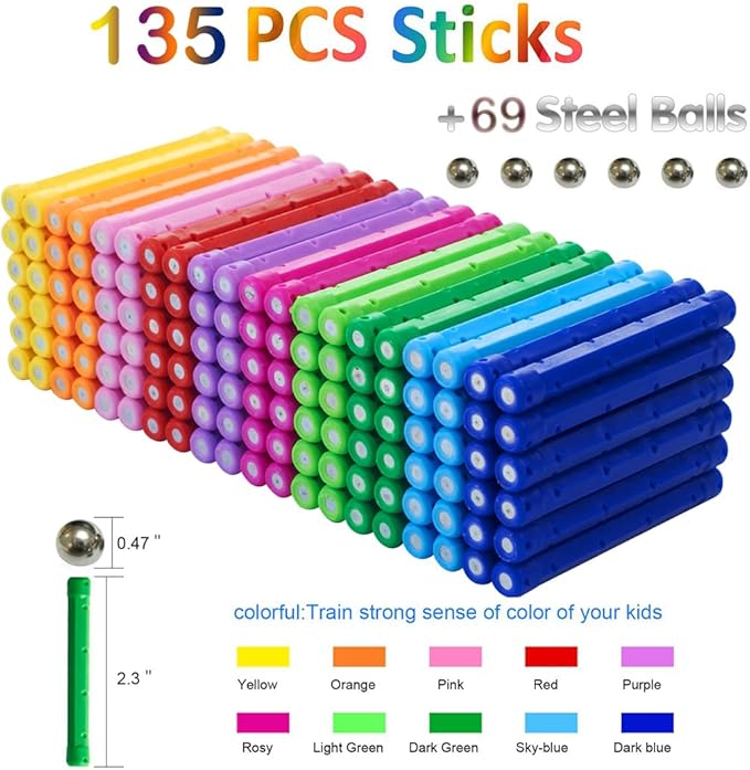 Beicarin 204 Pcs Magnetic Building Sticks Blocks Toys, 2.3" Length Magnet Educational Stacking Toys Set for Kids and Adult, STEM Building Toy 3D Non-Magnetic Balls with Storage Bag