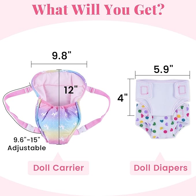 BABESIDE Baby Doll Accessories, Doll Carrier with 2 Doll Diapers – Baby Dolls Accessories Set for 12-15 Inch Dolls, Pretend Play Gift for Girls