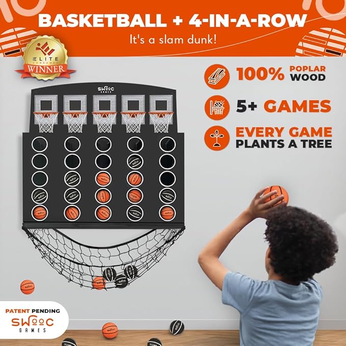 Swooc Games - Low Post Lineup™ | Wall Mounted Giant Basketball 4 In A Row w/ 5+ Games | Basketball Hoop For Room Wall Games | Game Room Games | Mini Basketball Hoop Indoor Connect | Four In A Row Game
