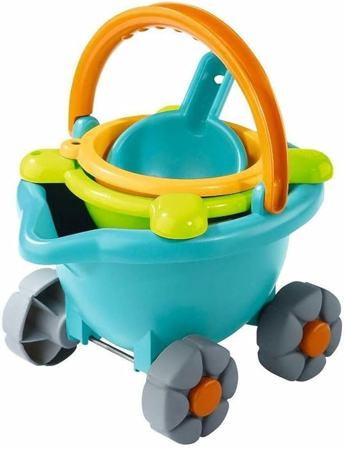 HABA Sand Bucket Scooter - 4 Piece Nesting Beach Toy Set - Toddler Summer Toys & Toddler Beach Essentials with Sand Bucket, Sieve, Shovel, & Pail on Wheels - Perfect Beach Toys for Toddlers 1+