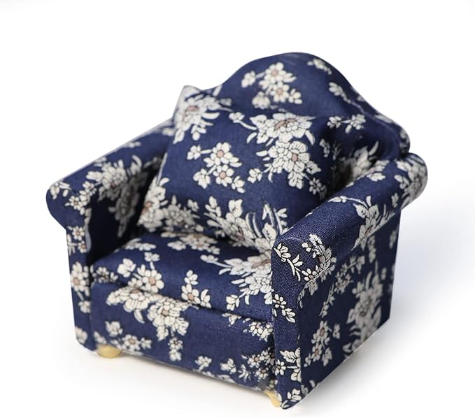 Dollhouse Couch with Pillow 1 12 Scale Miniature Sofa Arm Chair Living Room Furniture Wooden Fabric Frame Single Reading Chair Artificial House Room Scene Decoration (Blue)