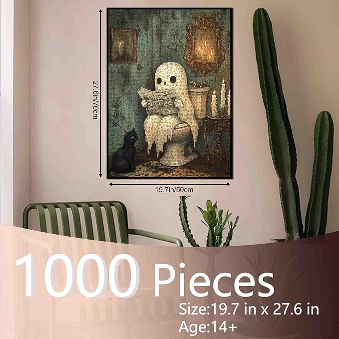 1000 Piece Ghost Halloween Jigsaw Puzzle for Adult,Candle Toilet Little Devil and Newspaper Brain Challenge Educational Game Relaxation Entertainment Activity Decorative Puzzle
