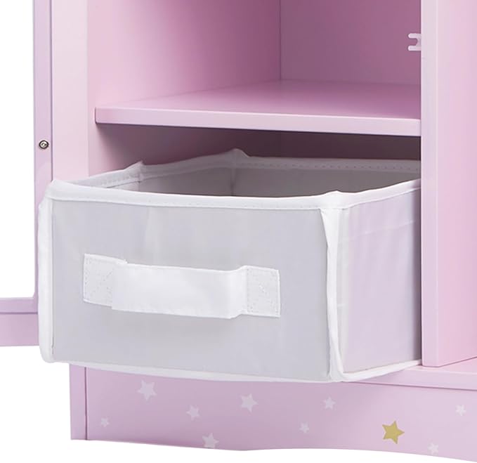 Olivia's Little World Twinkle Stars 18" Doll Closet with 3 Hangers, Shelves, & Canvas Bin, Doll Closet Storage for Accessories & Clothes, Purple