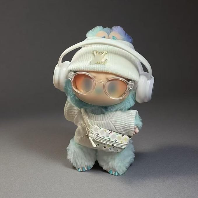 17cm Doll Clothes for lububu ，Designer Clothes Suitable for lububu Dolls Outfits and Accessories Set，Including top +Hat+Glass+Bag - 4PCS，Doll and Headphones not Included(White)