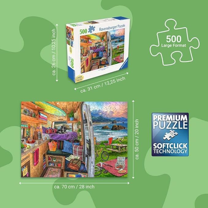 Ravensburger - Rig Views - 500 Piece Large Format Jigsaw Puzzle - Stunning Imagery - Bold Colors & Intricate Details - Adventure in Van Life - Premium Quality - Puzzles for Adults