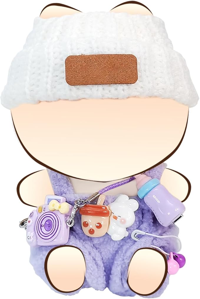 Doll Clothes for 17cm Dolls, Soft Knit Hat, Cozy Overalls, Camera, Bottle & Cute Accessories (No Doll) (Purple)