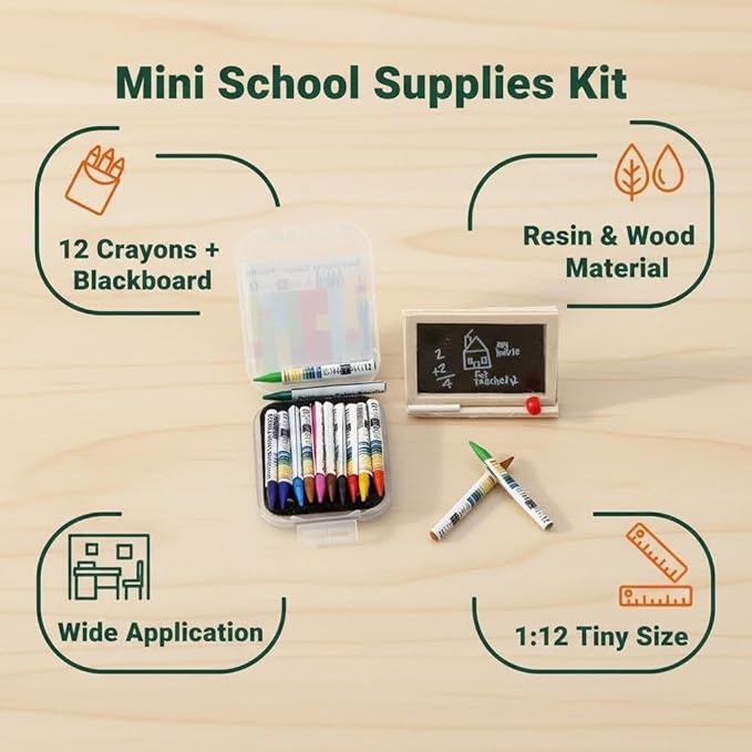 Mini School Supplies Sets,112 Dollhouse Acessories Including 12 Pieces Crayon,Blackborad for Dollhouse Home Miniature Model DIY Decor Doll House Accessories Coloring House Play Set