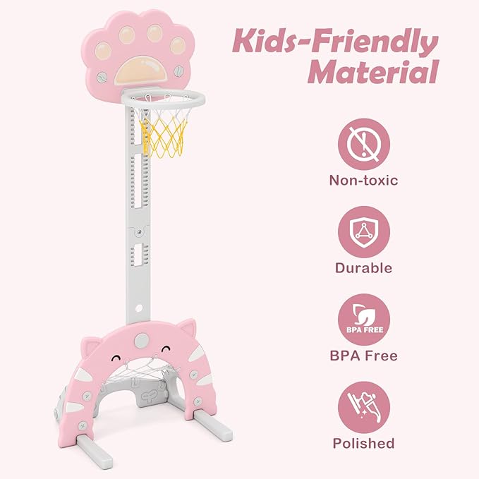 OLAKIDS Toddler Basketball Hoop, 3 in 1 Height Adjustable Kids Sports Activity Center Indoor Outdoor with Soccer Goal Golf Ball and Club, Baby Toy Game Play Set Gifts for Boys Girls