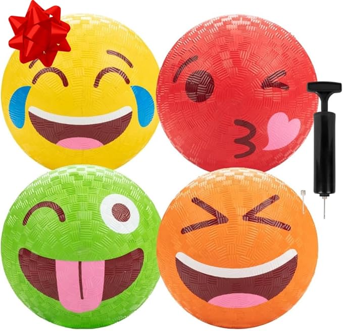 Silly Faces Playground Balls for Kids – 5 Inch Gaga Balls (4 Pk w Air Pump) – Durable Rubber Balls for Dodgeball, Handball, 4 Square, Outside School Recess Games, Kickball - Kids Easter Basket Stuffer