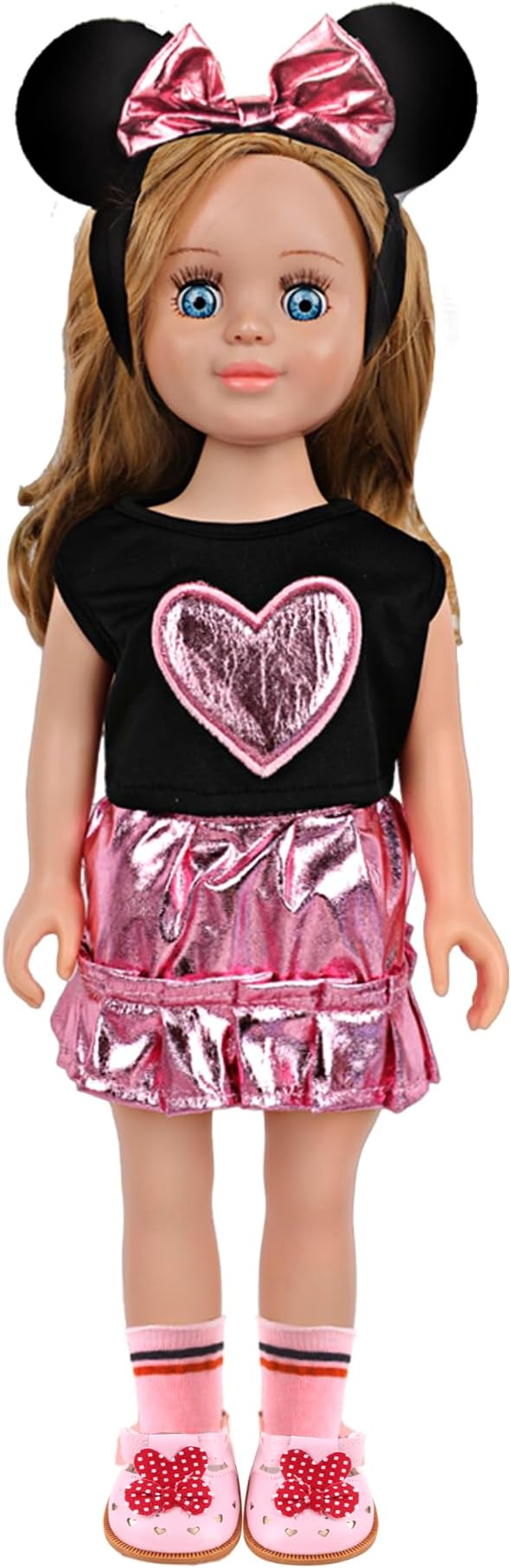 MSYO 18 Inch Doll Clothes & Accessories Set,Black Pink Heart Top & Metallic Pink Skirt Outfit with Mouse Ears Headband,Sunglasses,Socks,Shoes,Bracelet,Fits 16-18 Inch Baby Dolls(Pink)
