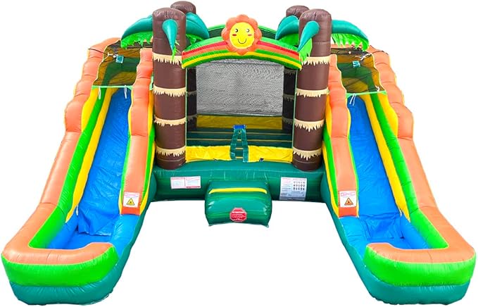 Crossover Tropical Double Water Slide Bounce House Combo, 16.5 x 15 x 11 Foot, PVC Vinyl Inflatable Bouncy House for Kids, Wet or Dry Slides, with Stakes and Storage Bag, Blower not Included