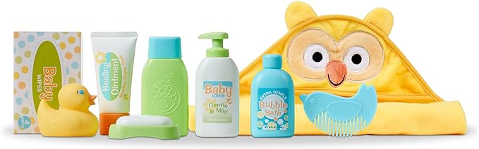 Melissa & Doug Mine to Love Changing & Bathtime Play Set for Dolls – Diapers, Pretend Shampoo,Wipes, Towel, More (19 pcs)